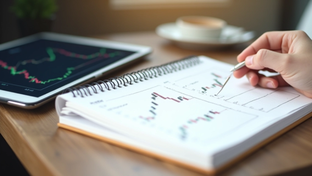 Notatbok med håndtegnede støtte- og motstandsnivåer på prisdiagram