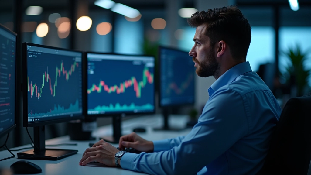 Trader som studerer prisdiagram på dataskjerm med linjal og notatbok for å identifisere støtte- og motstandsnivåer